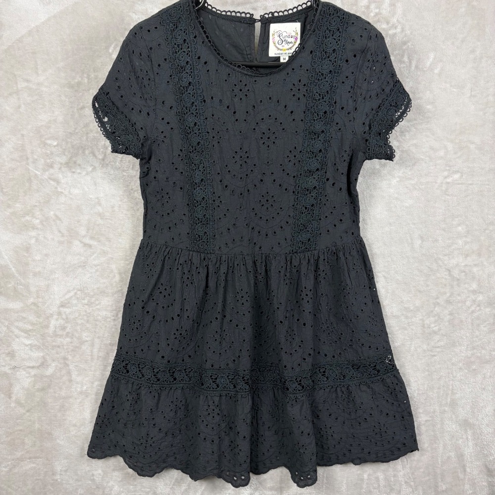 Sunday Mi Amor Mini Dress Size M Black Eyelet Lace Babydoll Crochet Trim Cotton